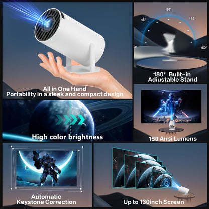 SCUARI Mini Smart Projector met WiFi6 & BT 5.2, Ingebouwd Android OS, 180° Rotatie, Native 720P Ondersteuning voor 1080P, Automatische Correctie, Afstandsbediening – Draagbare Groot Schermprojector voor Kantoor/Thuis/Reizen