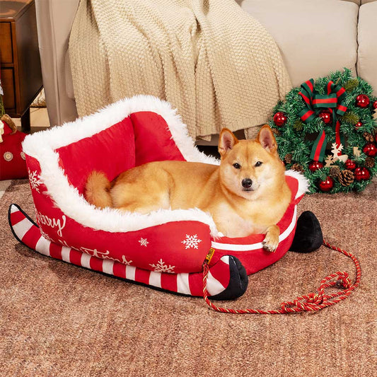 Festive Plush Cozy Dog Bed - Christmas Sleigh