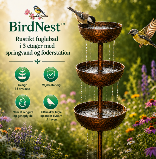 BirdNest™ – Rustik 3-lags Fuglebad & Foderstation med Vandkaskade