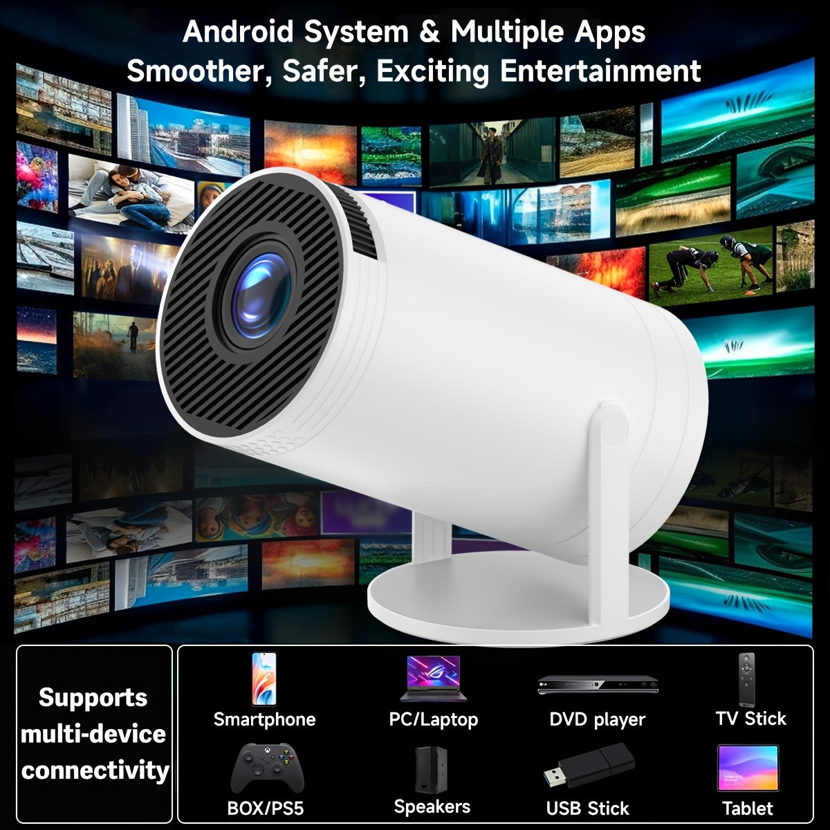 SCUARI Mini Smart Projector met WiFi6 & BT 5.2, Ingebouwd Android OS, 180° Rotatie, Native 720P Ondersteuning voor 1080P, Automatische Correctie, Afstandsbediening – Draagbare Groot Schermprojector voor Kantoor/Thuis/Reizen