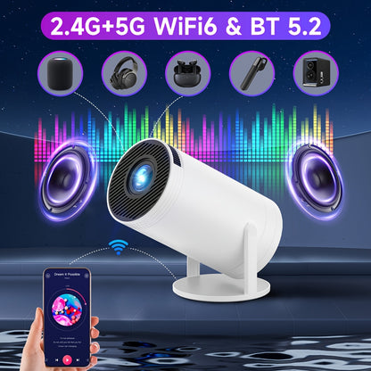 SCUARI Mini Smart Projector met WiFi6 & BT 5.2, Ingebouwd Android OS, 180° Rotatie, Native 720P Ondersteuning voor 1080P, Automatische Correctie, Afstandsbediening – Draagbare Groot Schermprojector voor Kantoor/Thuis/Reizen